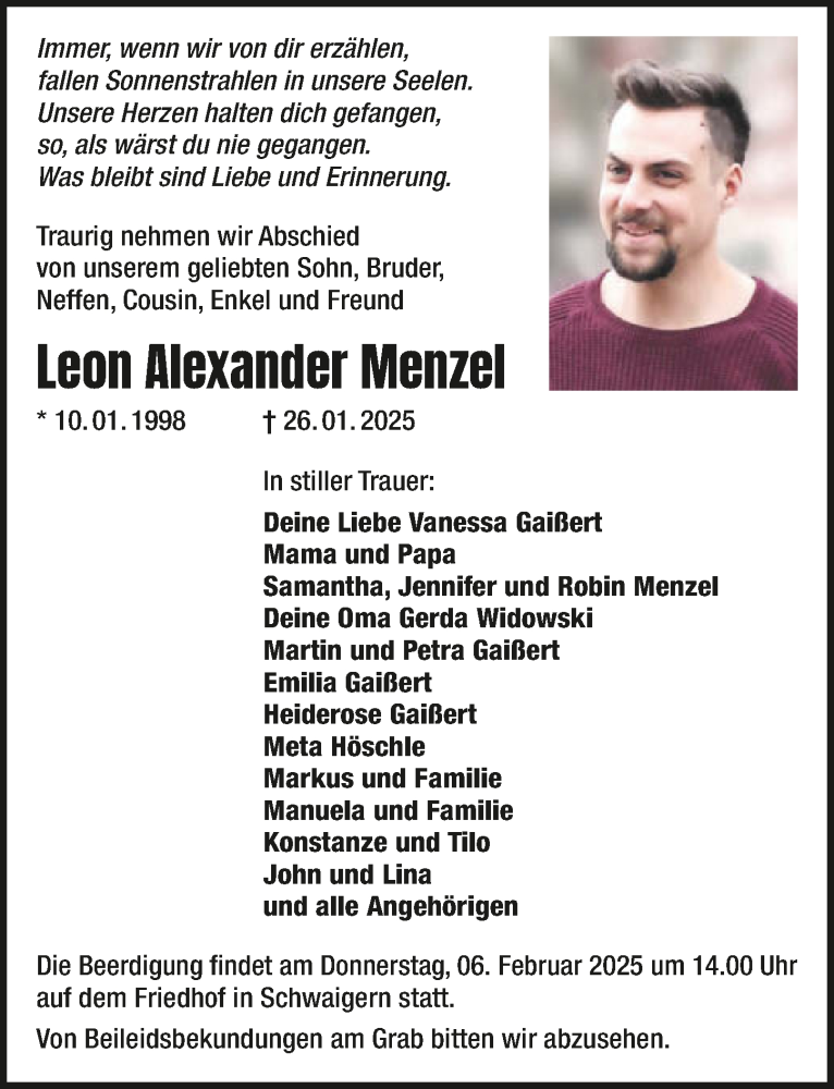  Traueranzeige für Leon Alexander Menzel vom 01.02.2025 aus GESAMT