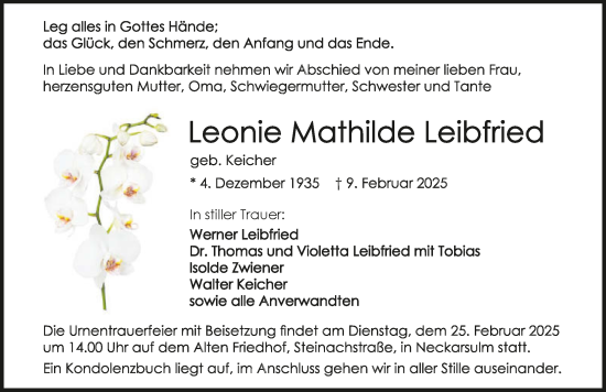 Traueranzeige von Leonie Mathilde Leibfried von GESAMT