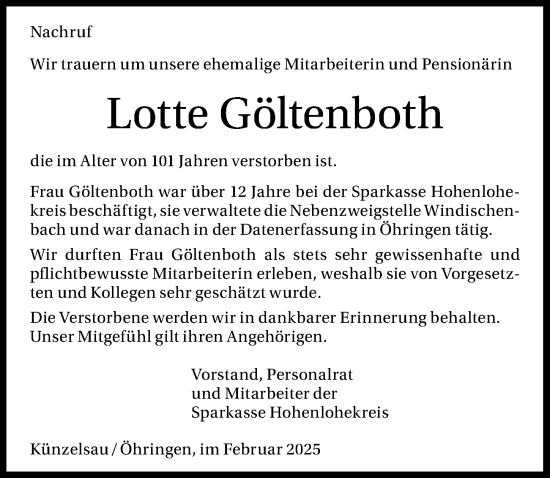 Traueranzeige von Lotte Göltenboth von GESAMT