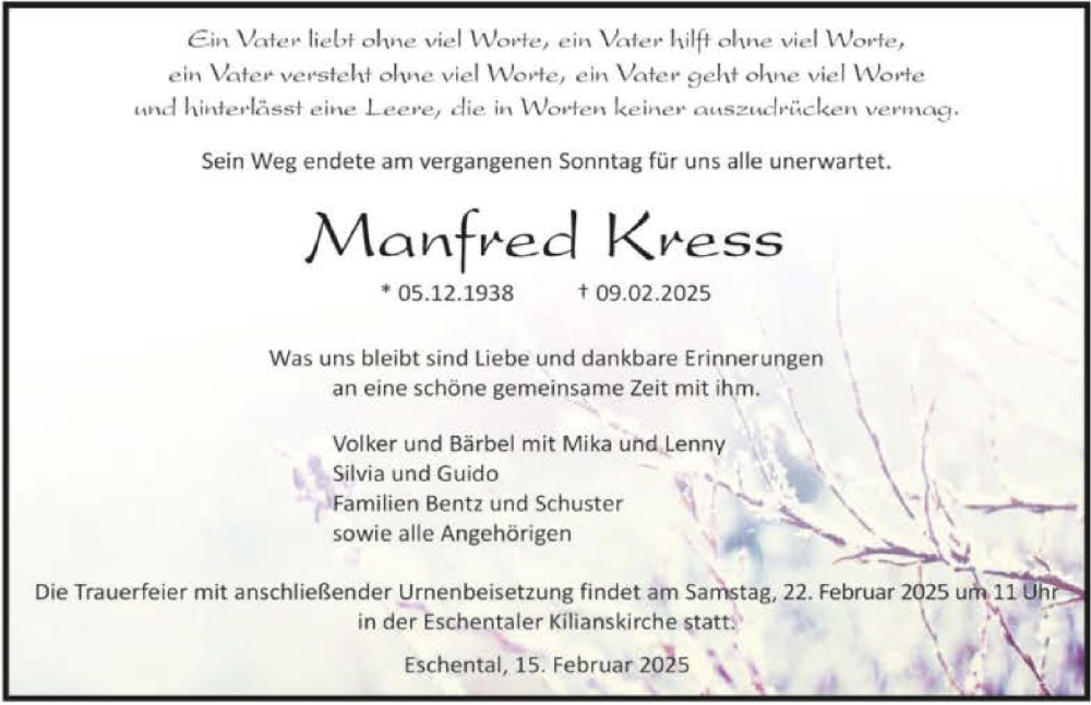 Traueranzeige für Manfred Kress vom 15.02.2025 aus GESAMT