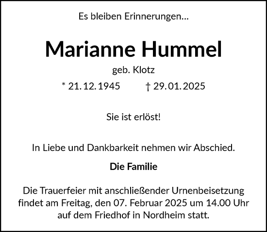 Traueranzeige von Marianne Hummel von GESAMT