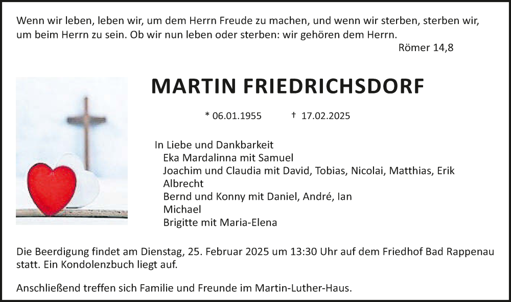  Traueranzeige für Martin Friedrichsdorf vom 25.02.2025 aus GESAMT