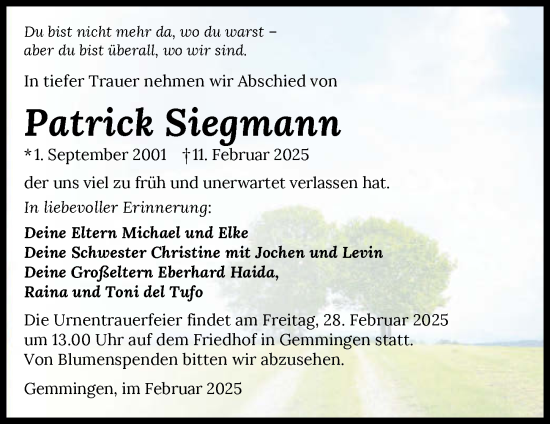 Traueranzeige von Patrick Siegmann von GESAMT
