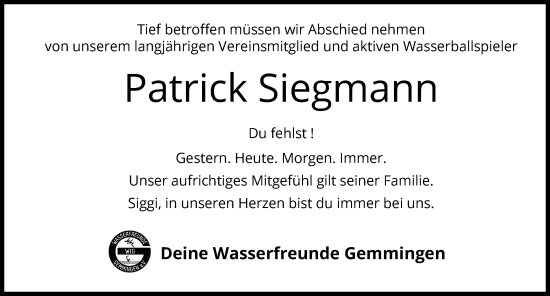 Traueranzeige von Patrick Siegmann von GESAMT