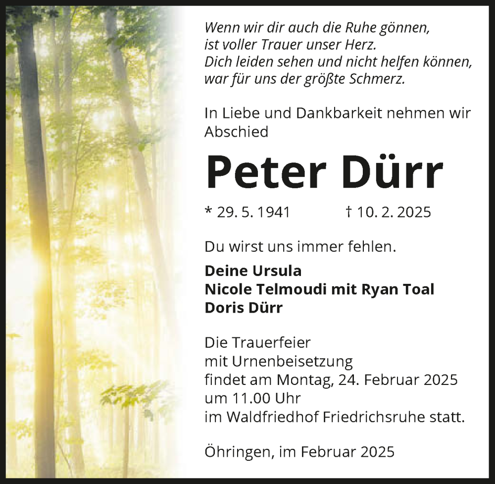  Traueranzeige für Peter Dürr vom 20.02.2025 aus GESAMT