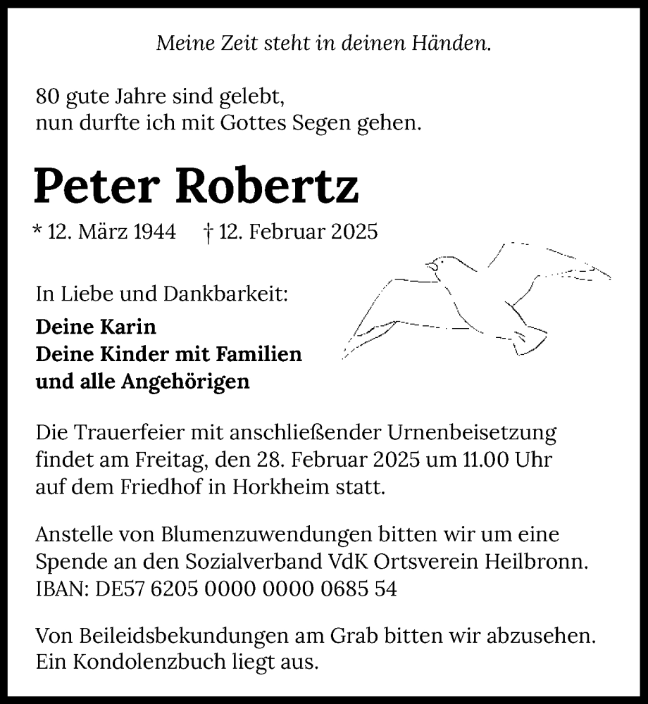 Traueranzeige für Peter Robertz vom 22.02.2025 aus GESAMT