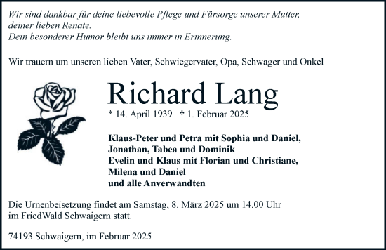 Traueranzeige von Richard Lang von GESAMT