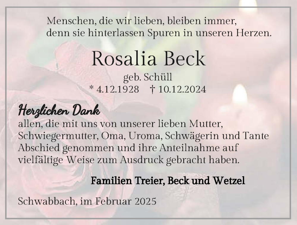 Traueranzeige für Rosalia Beck vom 08.02.2025 aus GESAMT
