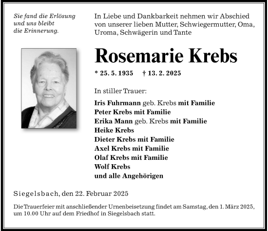 Traueranzeige von Rosemarie Krebs von GESAMT