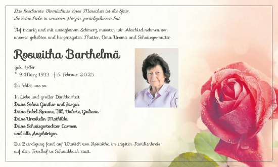Traueranzeige von Roswitha Barthelmä von GESAMT