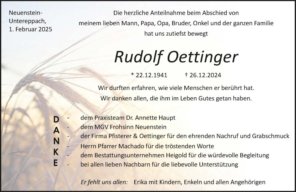  Traueranzeige für Rudolf Oettinger vom 01.02.2025 aus GESAMT