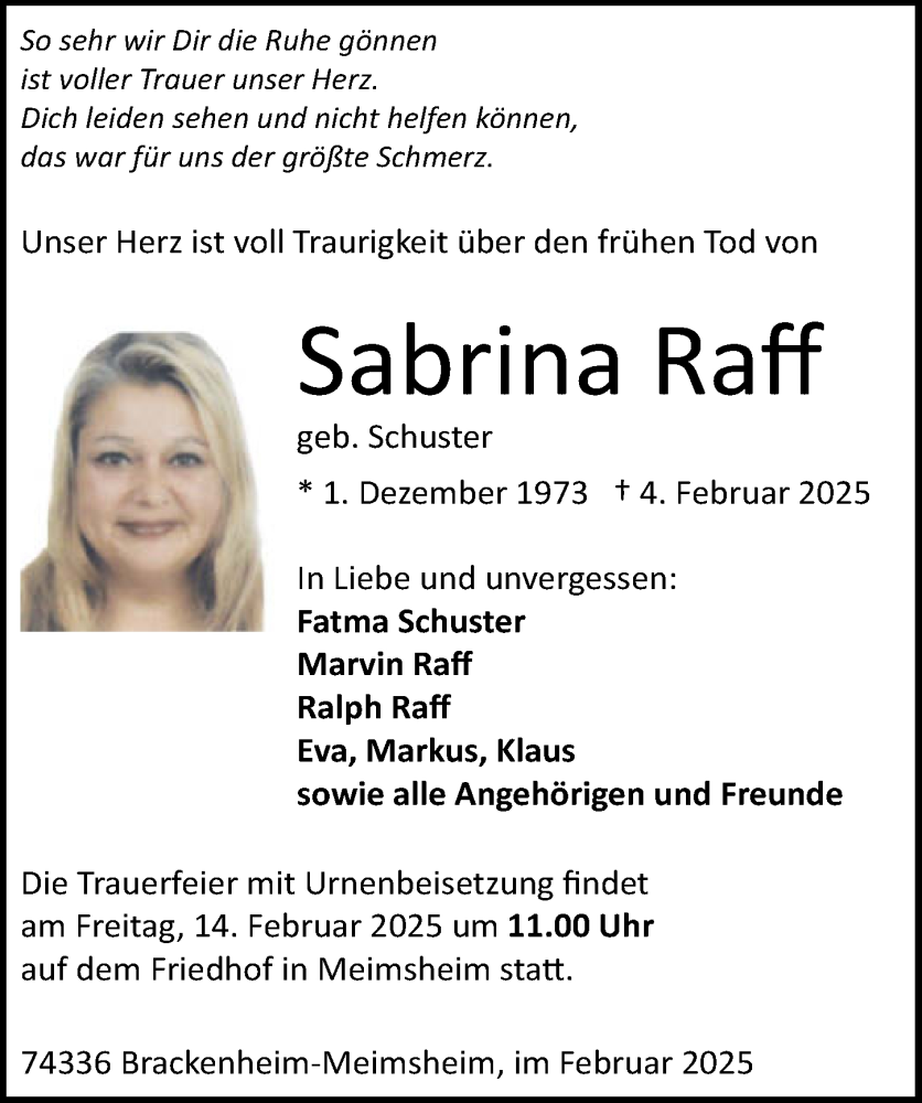  Traueranzeige für Sabrina Raff vom 11.02.2025 aus GESAMT
