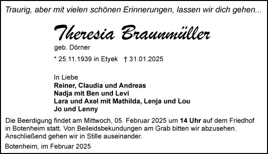 Traueranzeige von Theresia Braunmüller von GESAMT