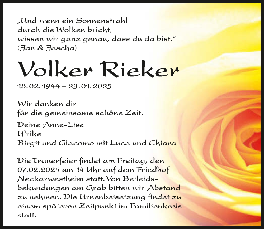  Traueranzeige für Volker Rieker vom 01.02.2025 aus GESAMT
