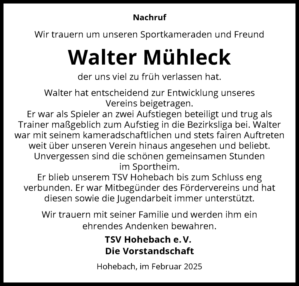  Traueranzeige für Walter Mühleck vom 11.02.2025 aus GESAMT