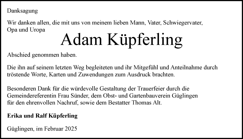  Traueranzeige für Adam Küpferling vom 01.03.2025 aus GESAMT