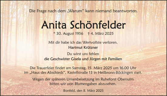 Traueranzeige von Anita Schönfelder von GESAMT