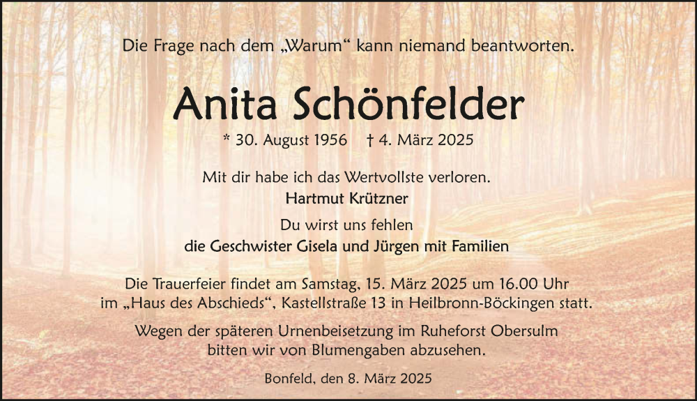  Traueranzeige für Anita Schönfelder vom 08.03.2025 aus GESAMT