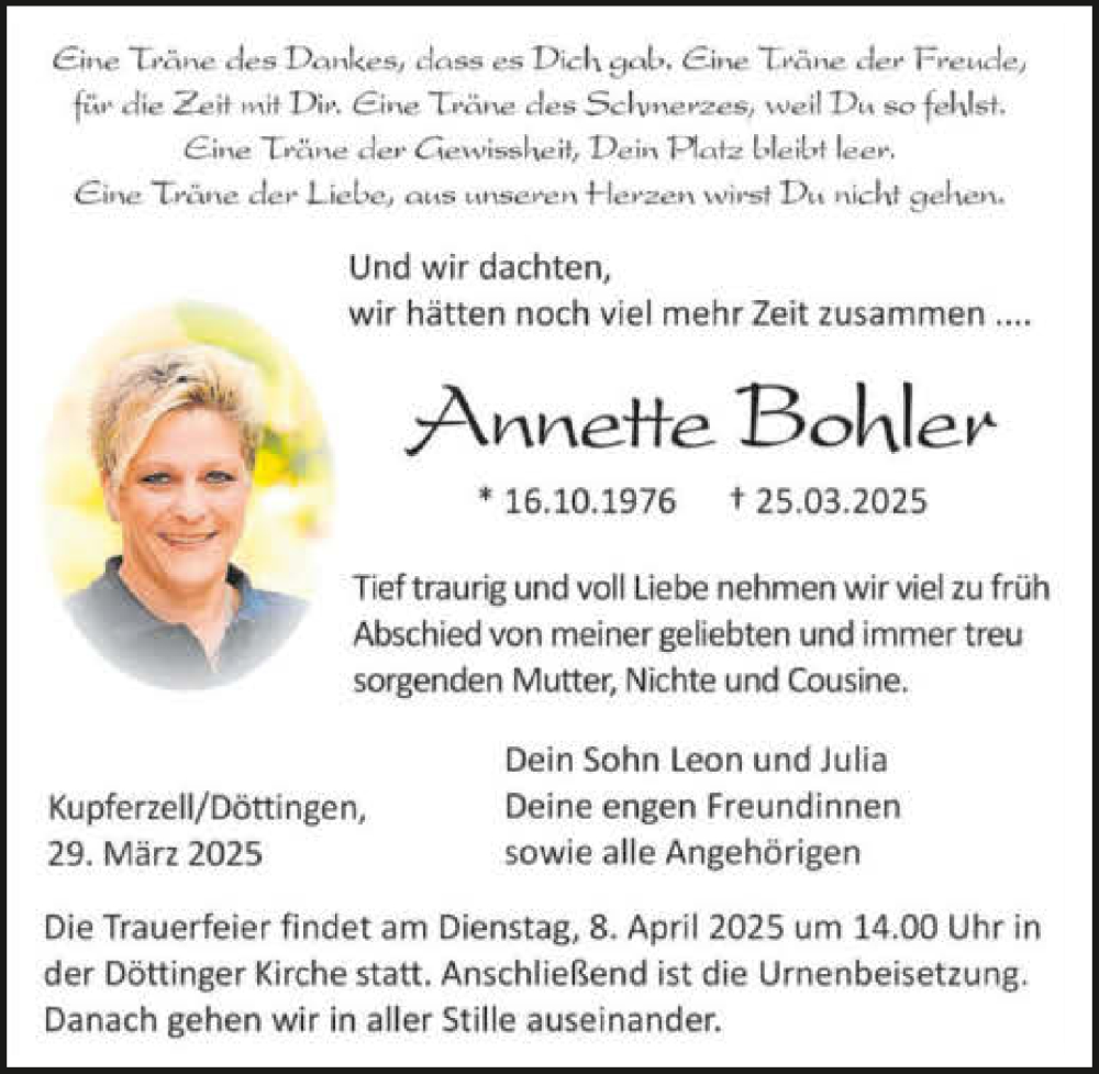 Traueranzeige für Annette Bohler vom 29.03.2025 aus GESAMT
