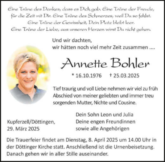 Traueranzeige von Annette Bohler von GESAMT