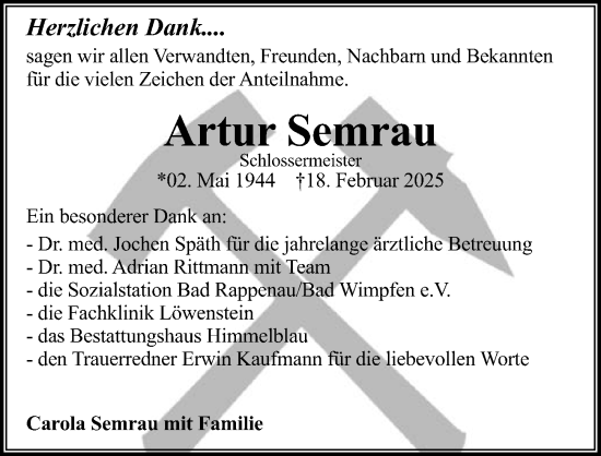 Traueranzeige von Artur Semrau von GESAMT