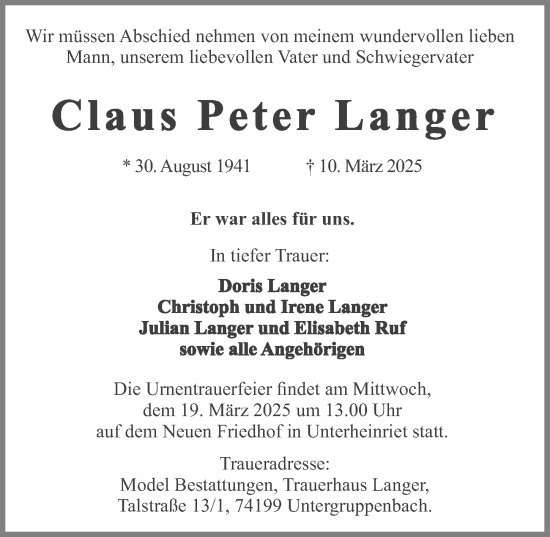 Traueranzeige von Claus Peter Langer von GESAMT