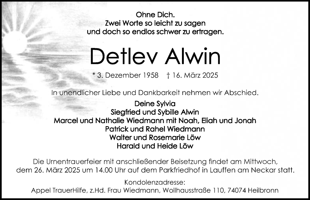 Traueranzeige für Detlev Alwin vom 22.03.2025 aus GESAMT