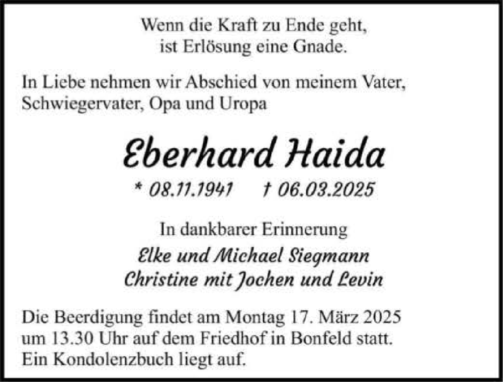  Traueranzeige für Eberhard Haida vom 11.03.2025 aus GESAMT