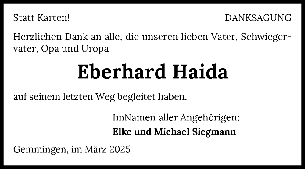  Traueranzeige für Eberhard Haida vom 27.03.2025 aus GESAMT