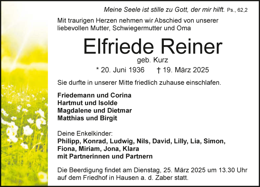 Traueranzeige für Elfriede Reiner vom 22.03.2025 aus GESAMT