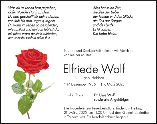 Traueranzeige von Elfriede Wolf von GESAMT