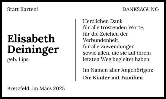 Traueranzeige von Elisabeth Deininger von GESAMT
