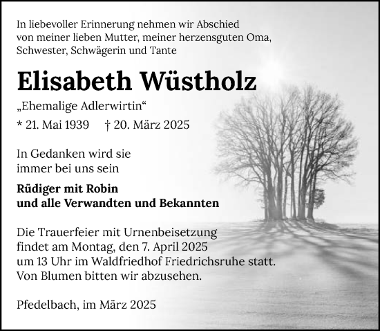 Traueranzeige von Elisabeth Wüstholz von GESAMT
