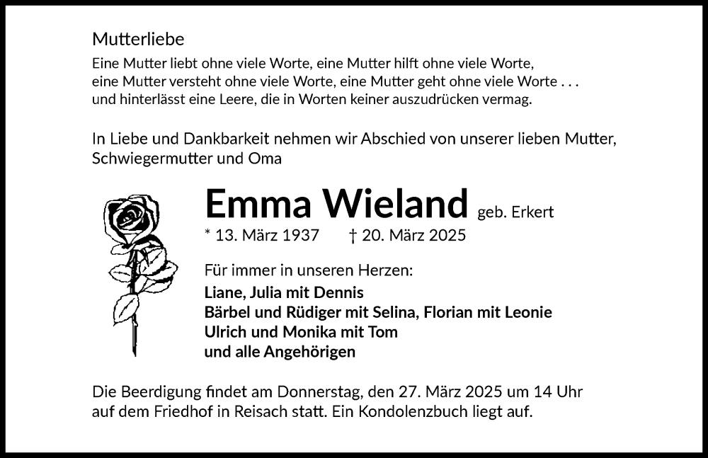 Traueranzeige für Emma Wieland vom 25.03.2025 aus GESAMT