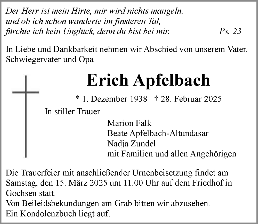  Traueranzeige für Erich Apfelbach vom 12.03.2025 aus GESAMT