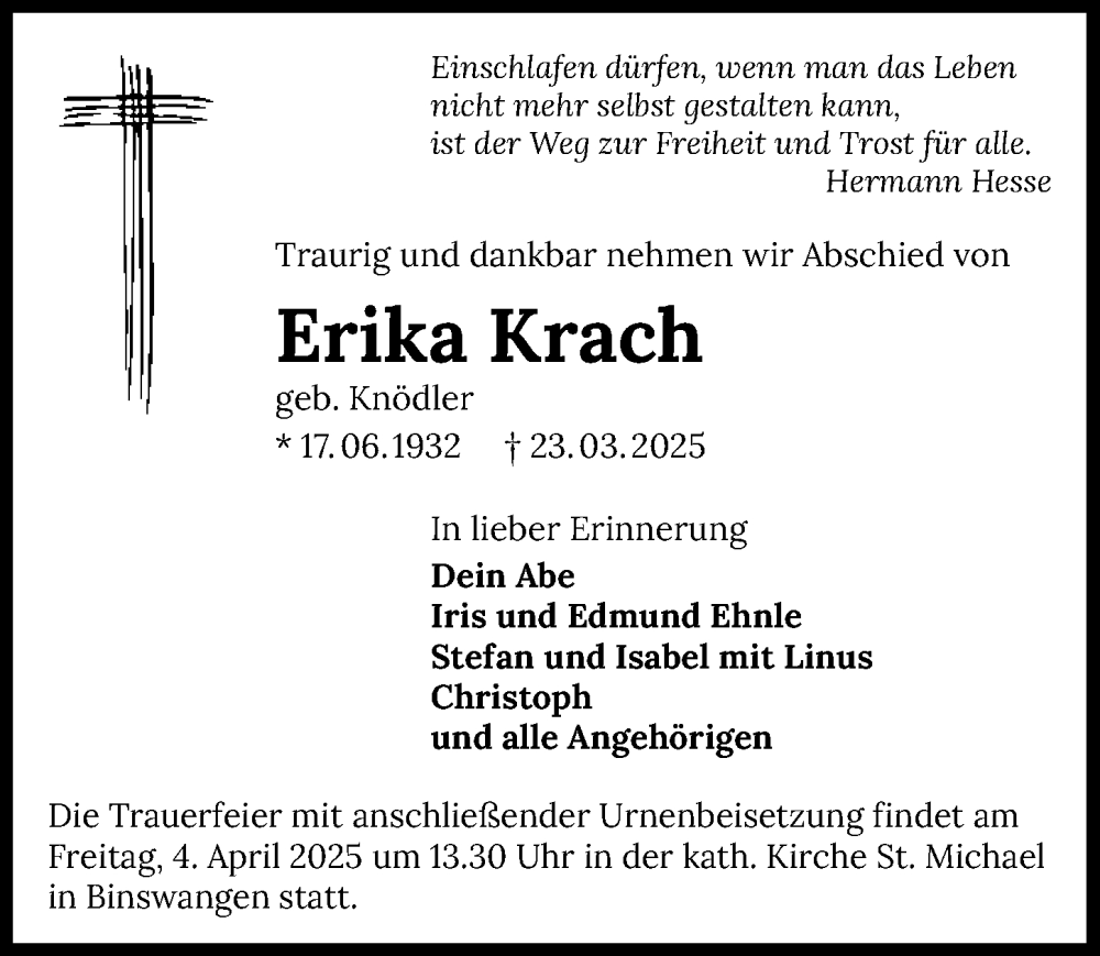  Traueranzeige für Erika Krach vom 29.03.2025 aus GESAMT