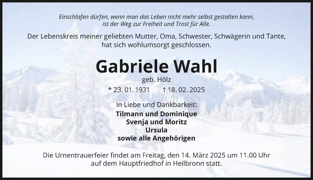  Traueranzeige für Gabriele Wahl vom 08.03.2025 aus GESAMT