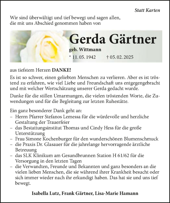 Traueranzeige von Gerda Gärtner von GESAMT