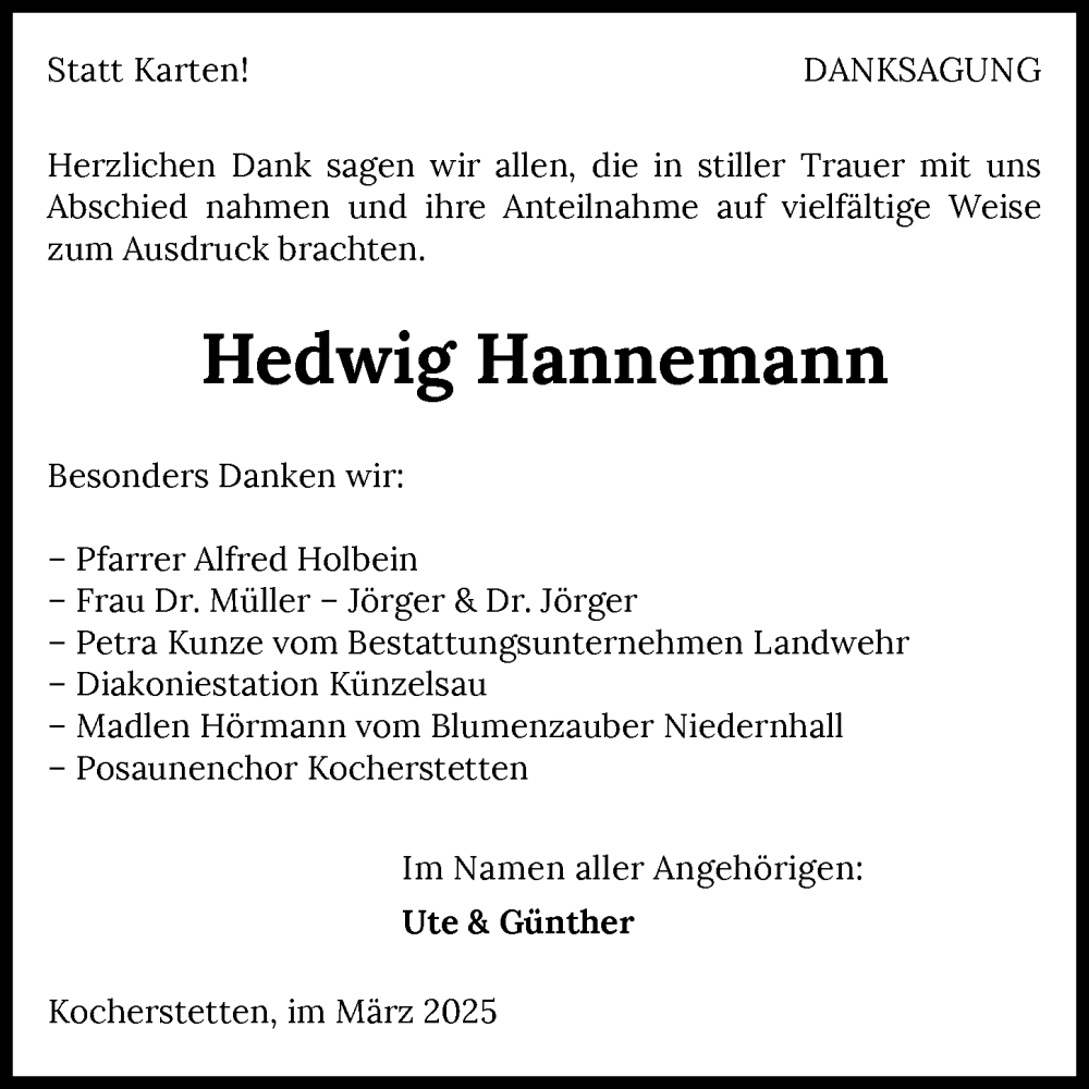  Traueranzeige für Hedwig Hannemann vom 25.03.2025 aus GESAMT