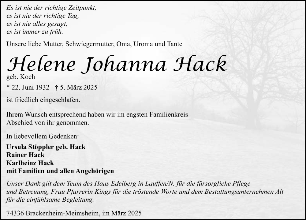  Traueranzeige für Helene Johanna Hack vom 29.03.2025 aus GESAMT