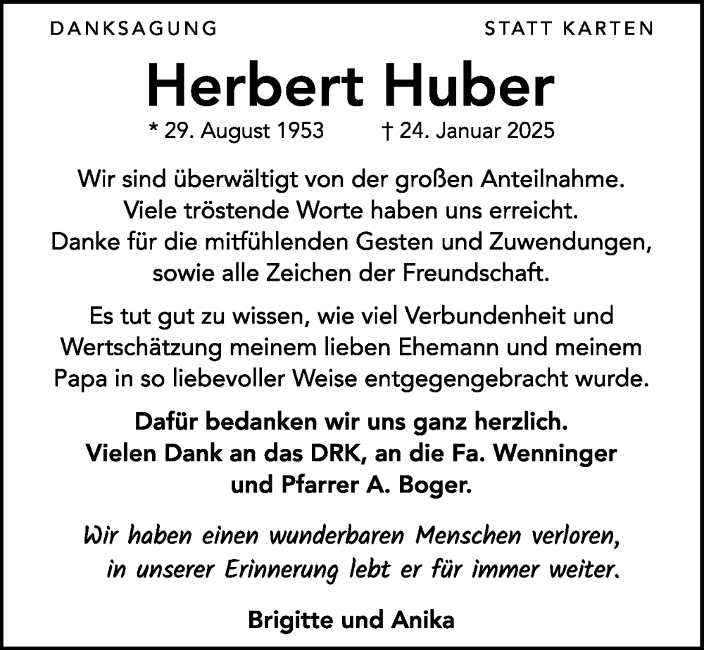  Traueranzeige für Herbert Huber vom 15.03.2025 aus GESAMT