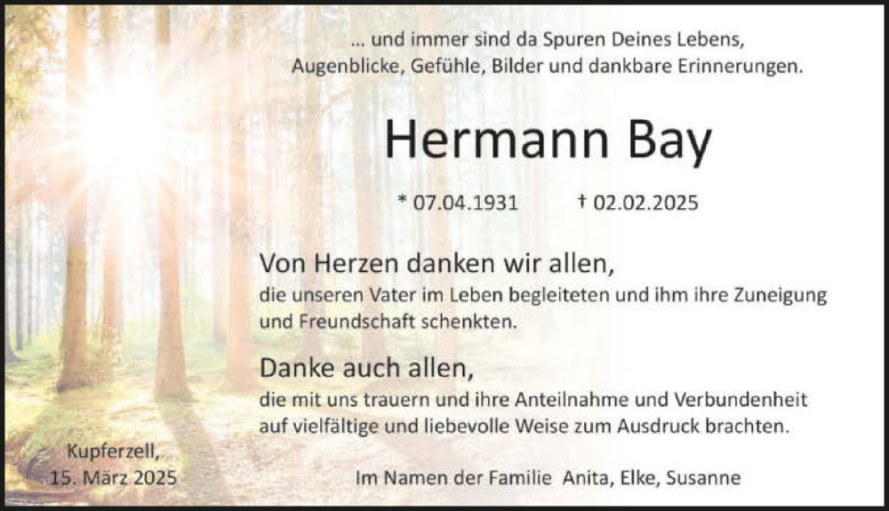  Traueranzeige für Hermann Bay vom 15.03.2025 aus GESAMT