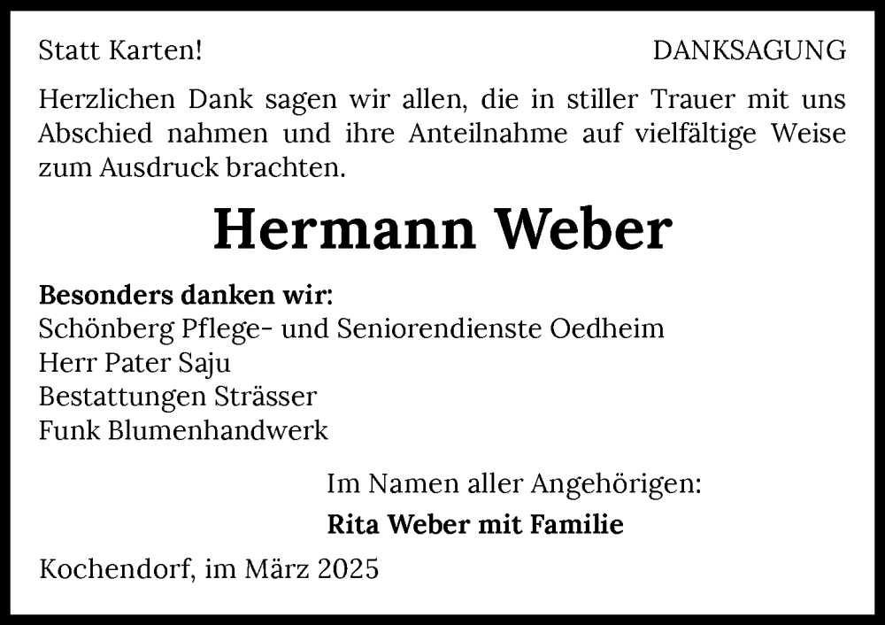  Traueranzeige für Hermann Weber vom 22.03.2025 aus GESAMT