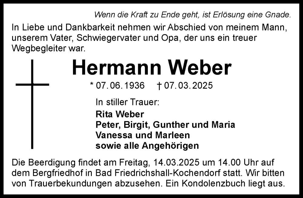  Traueranzeige für Hermann Weber vom 12.03.2025 aus GESAMT