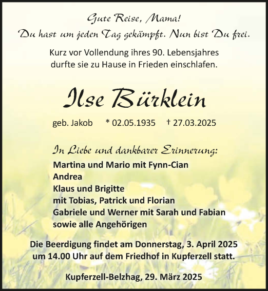 Traueranzeige von Ilse Bürklein von GESAMT
