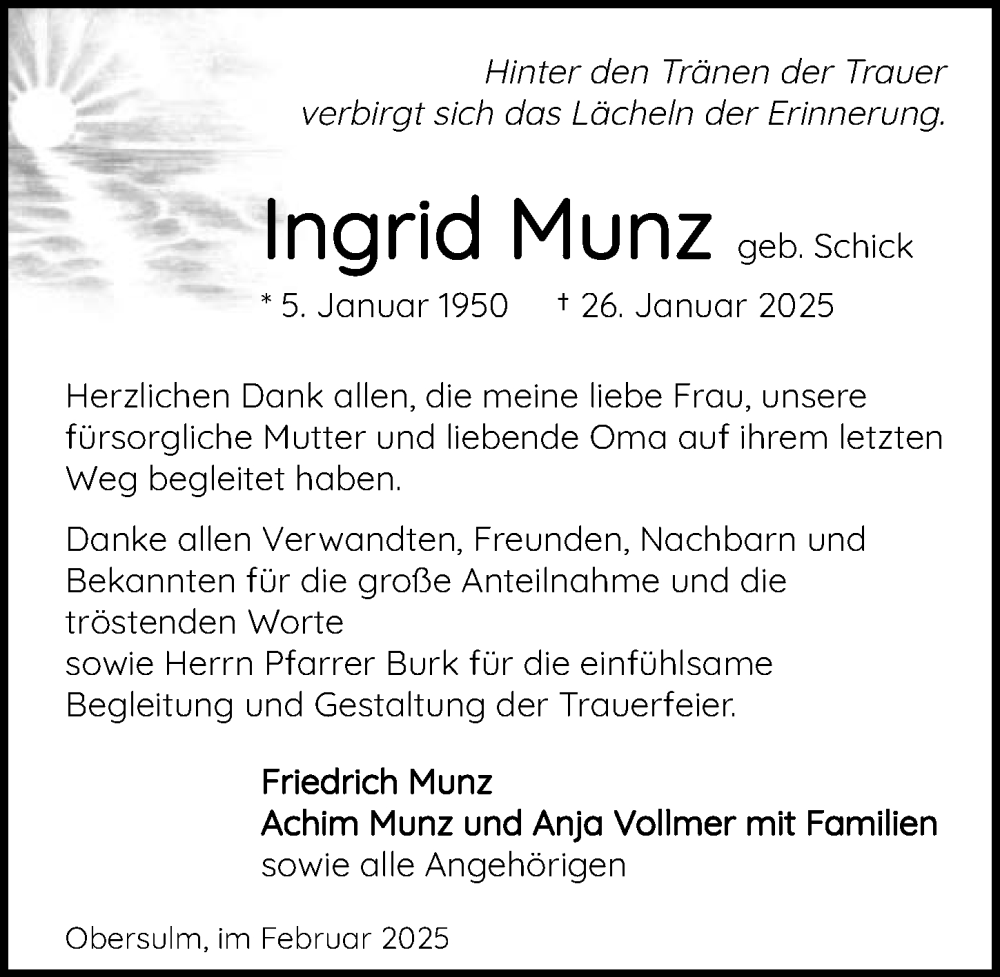  Traueranzeige für Ingrid Munz vom 01.03.2025 aus GESAMT