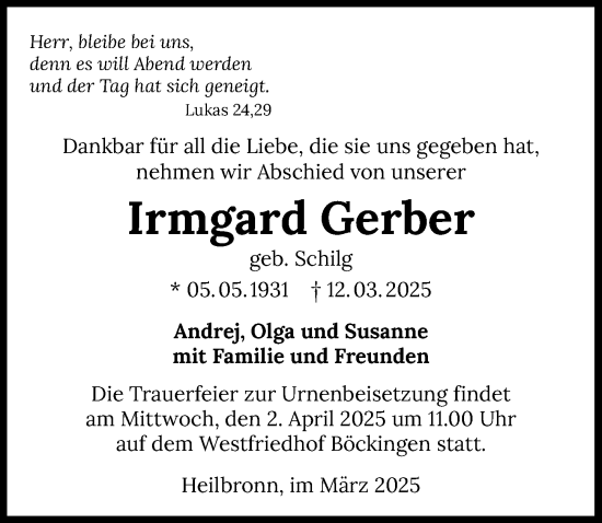 Traueranzeige von Irmgard Gerber von GESAMT