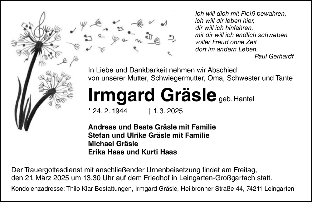  Traueranzeige für Irmgard Gräsle vom 15.03.2025 aus GESAMT
