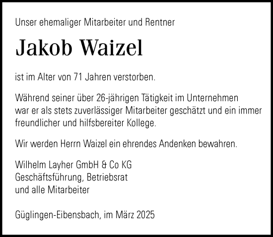 Traueranzeige von Jakob Waizel von GESAMT