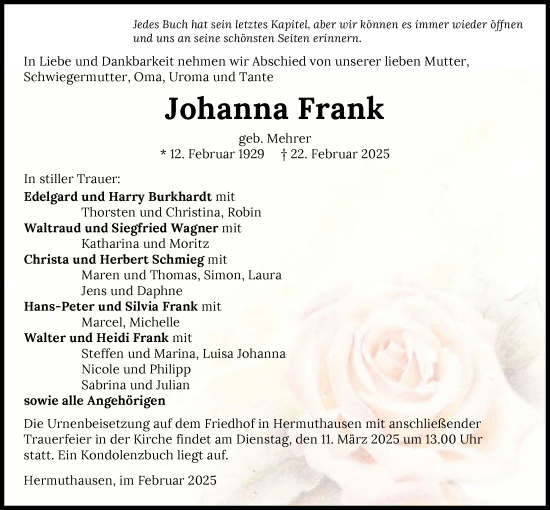 Traueranzeige von Johanna Frank von GESAMT